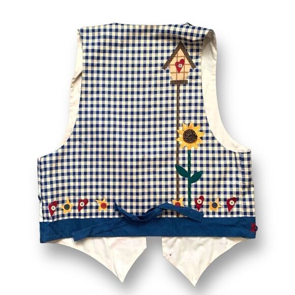 Vintage Handmade Vest Blue White Gingham Checks Sunflower Buttons Open Front - Picture 2 of 14